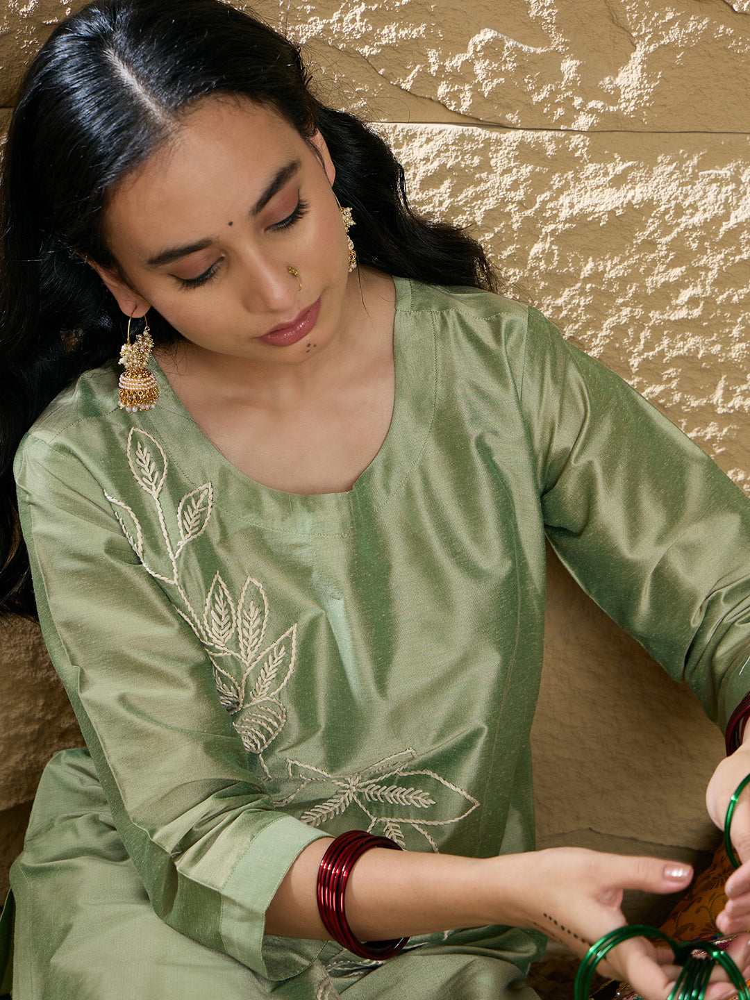 Indo Era Green Embroidered Straight Kurta Trousers set