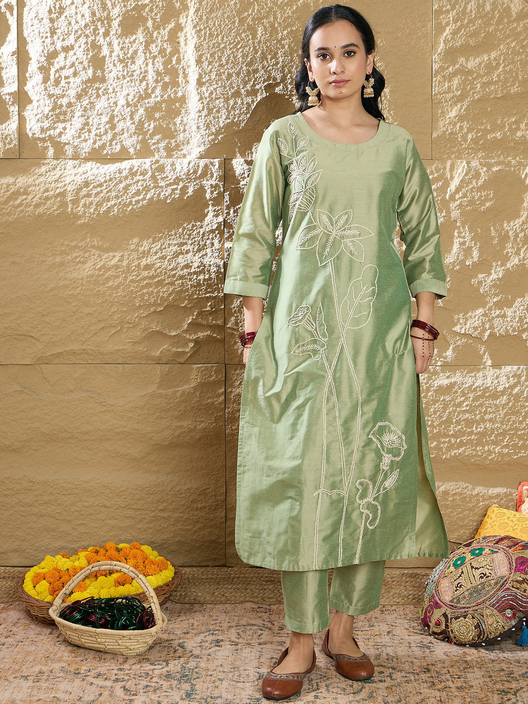 Indo Era Green Embroidered Straight Kurta Trousers set