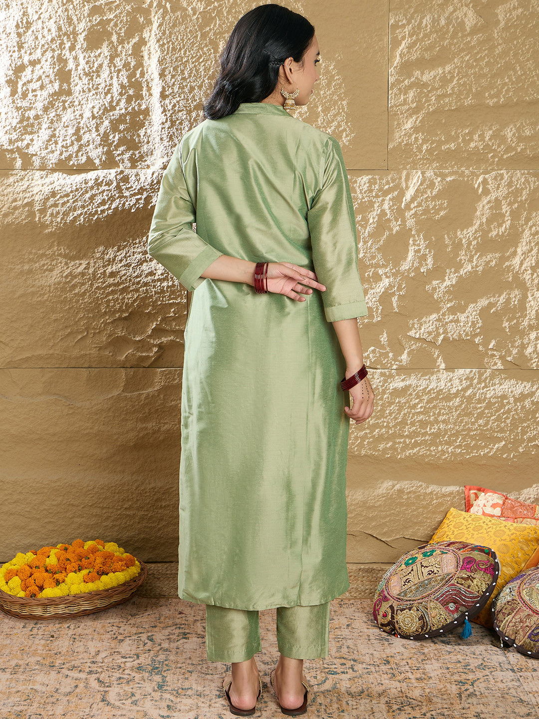 Indo Era Green Embroidered Straight Kurta Trousers set