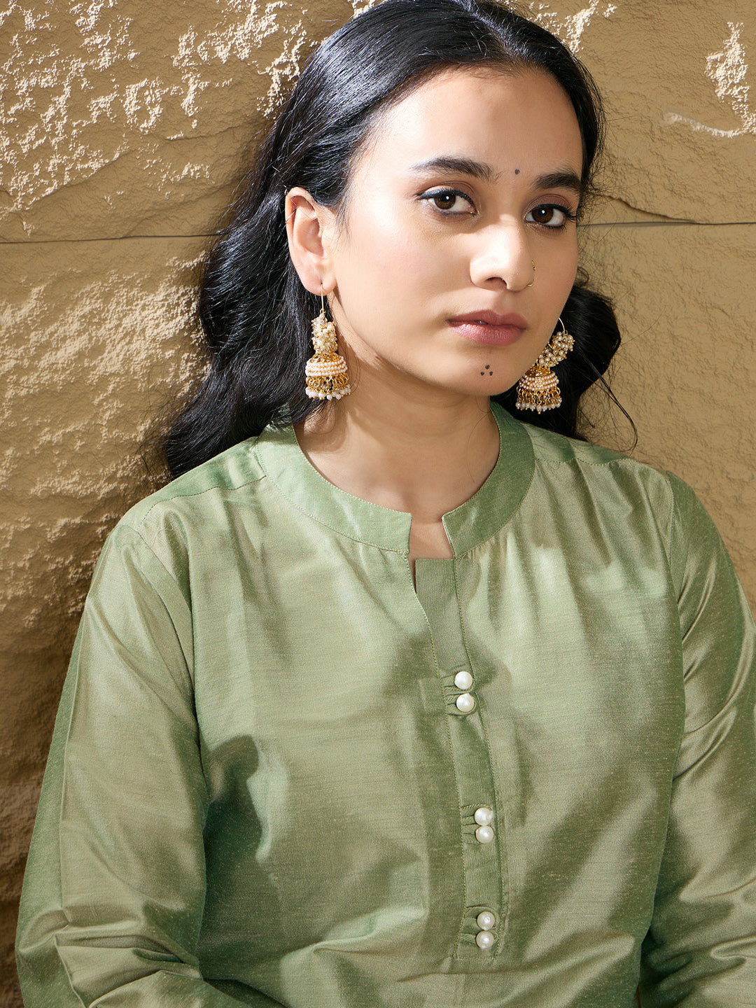 Indo Era Green Embroidered Straight Kurta Trousers set