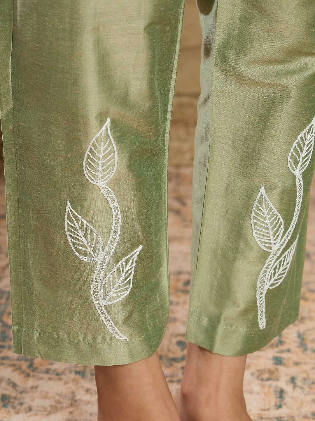 Indo Era Green Embroidered Straight Kurta Trousers set