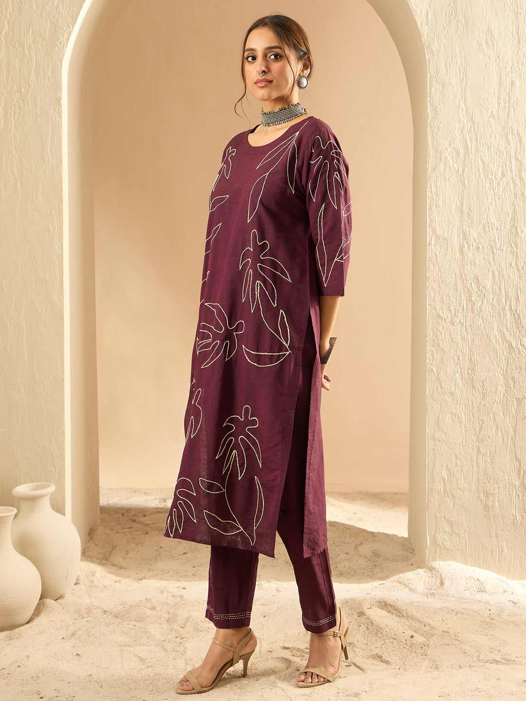 Indo Era Burgundy Embroidered Straight Kurta Trousers Set