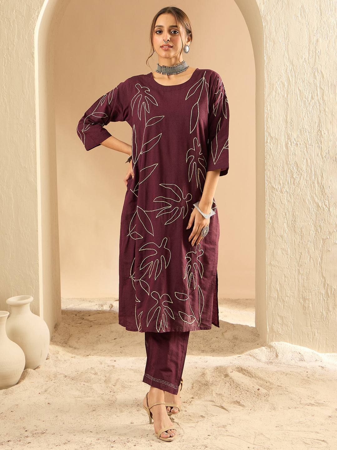 Indo Era Burgundy Embroidered Straight Kurta Trousers Set