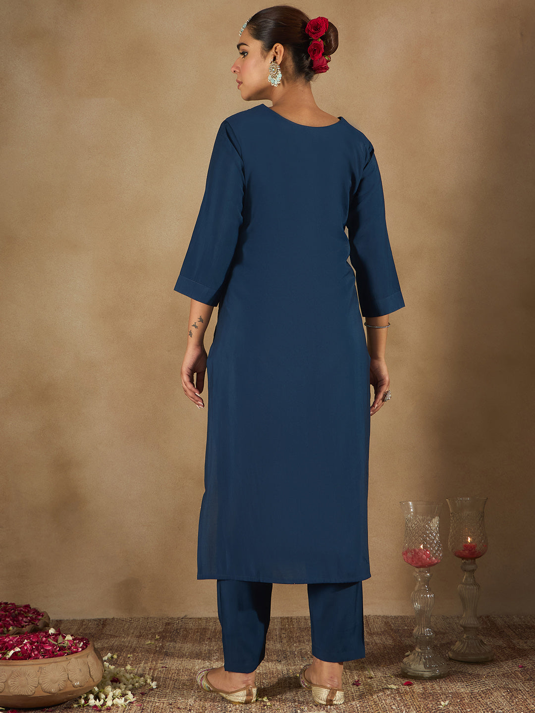 Indo Era Blue Embroidered Straight Kurta Trousers set