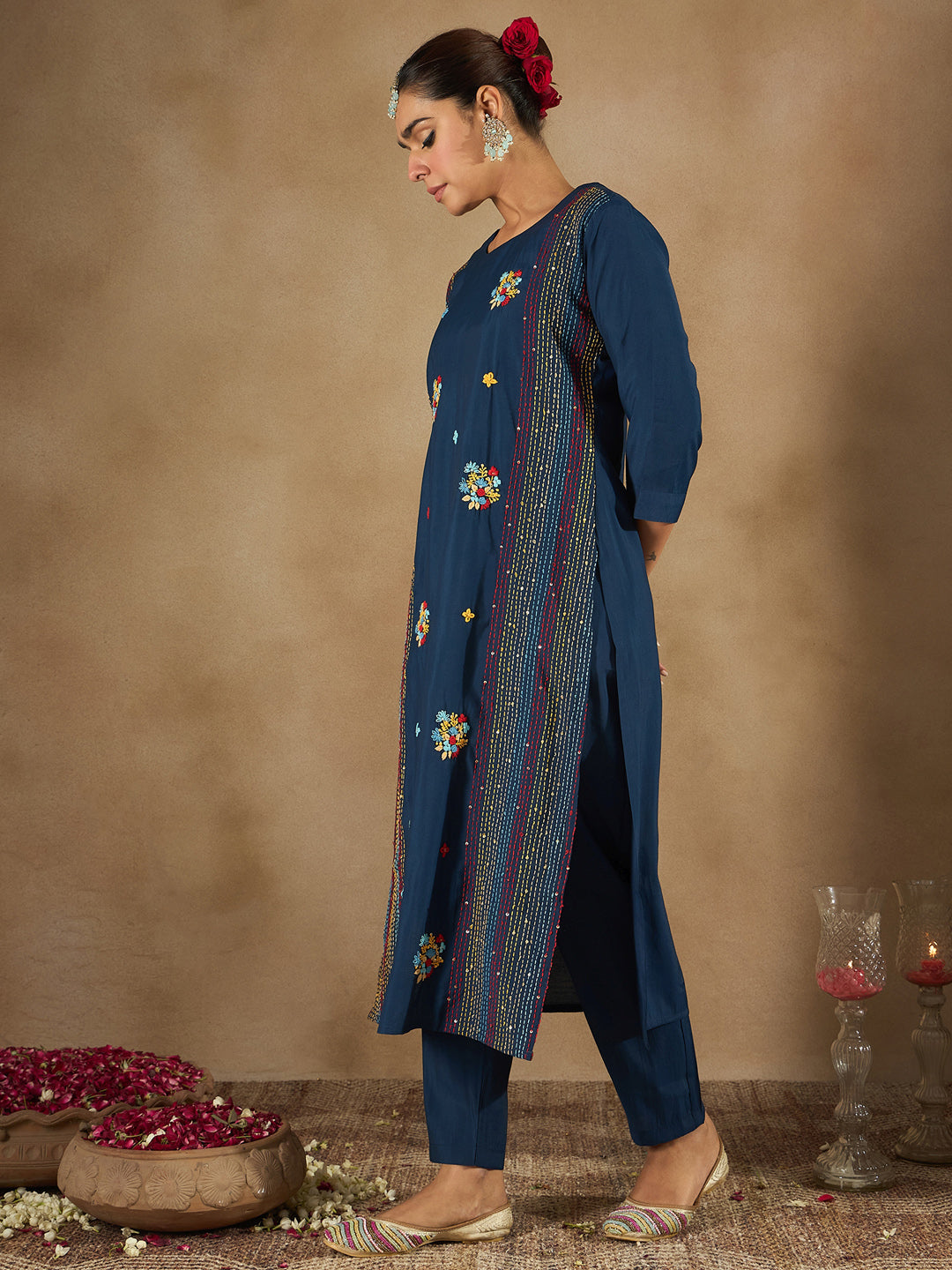 Indo Era Blue Embroidered Straight Kurta Trousers set