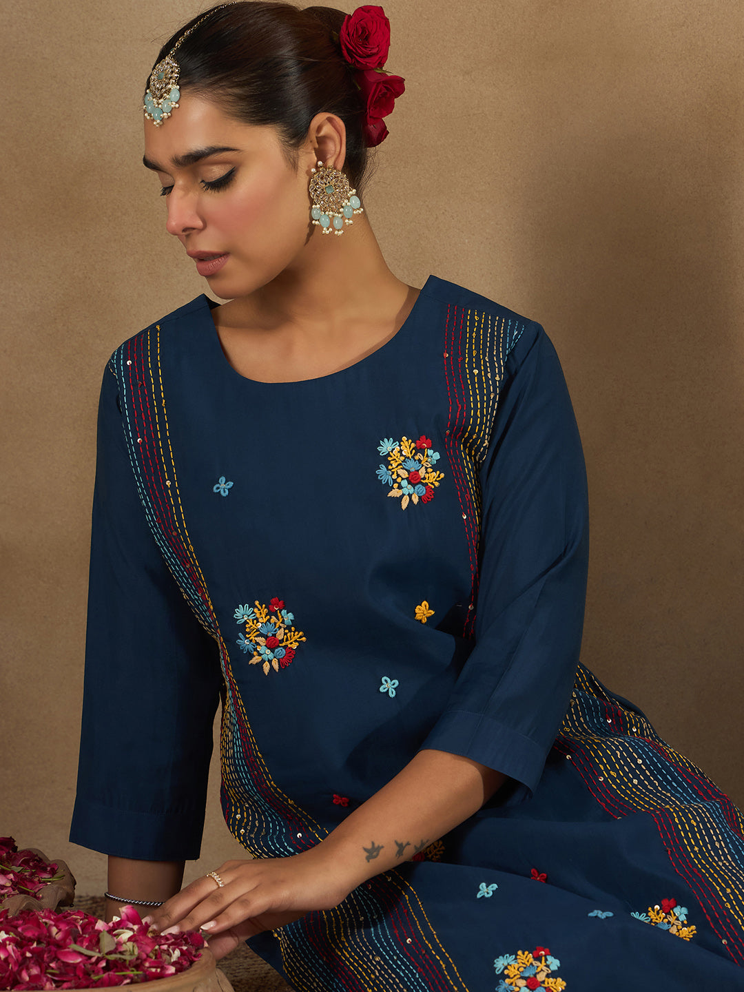 Indo Era Blue Embroidered Straight Kurta Trousers set