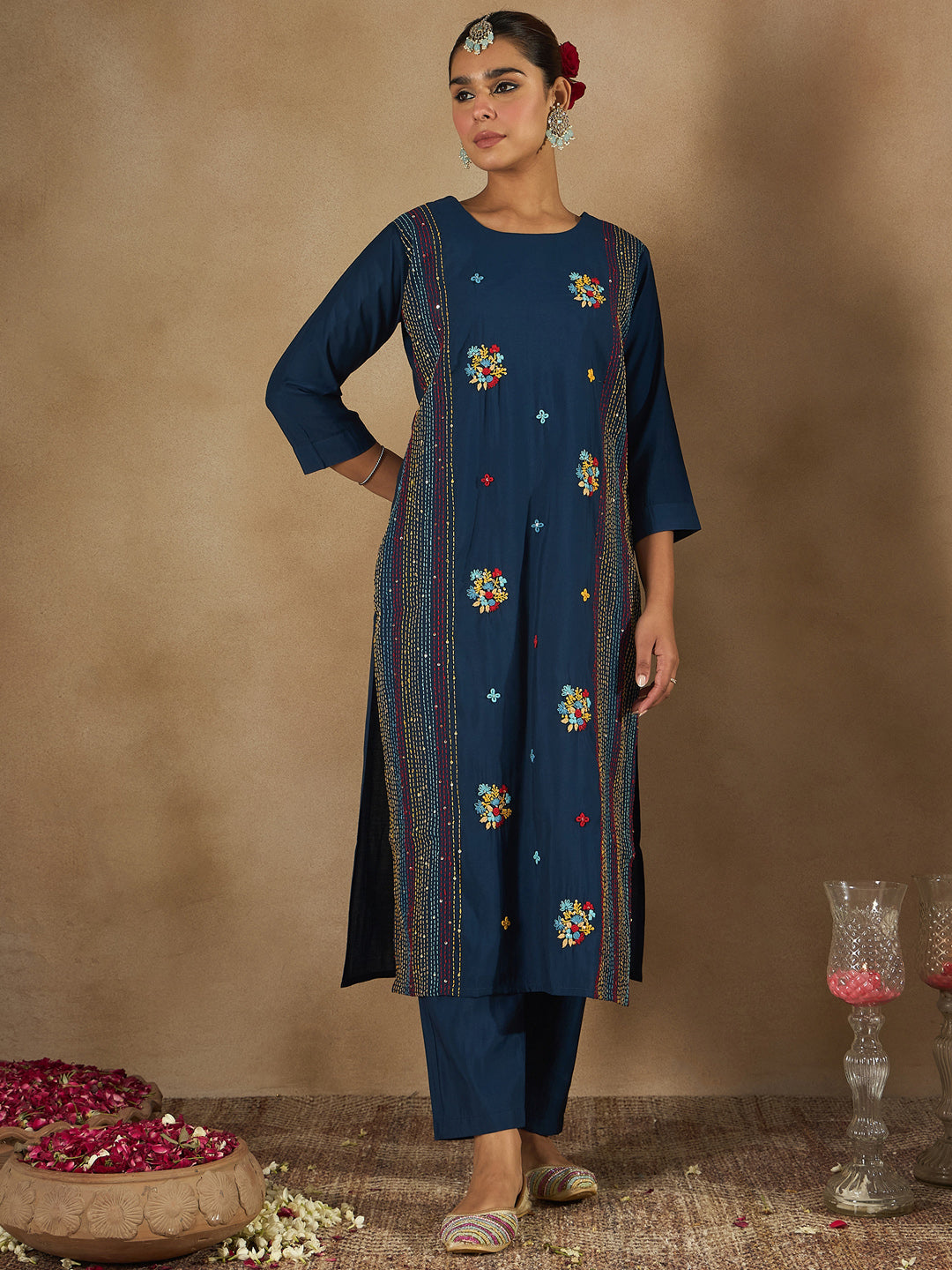 Indo Era Blue Embroidered Straight Kurta Trousers set
