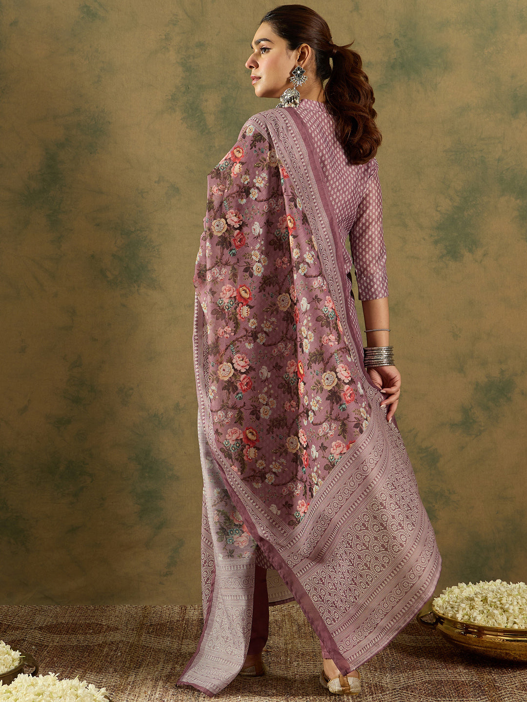 Indo Era Burgundy Printed Straight Kurta Trousers With Dupatta Set