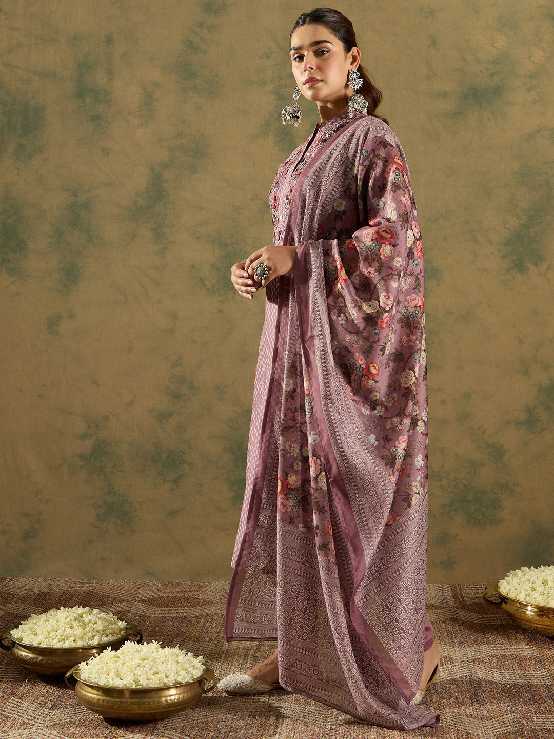 Indo Era Burgundy Printed Straight Kurta Trousers With Dupatta Set