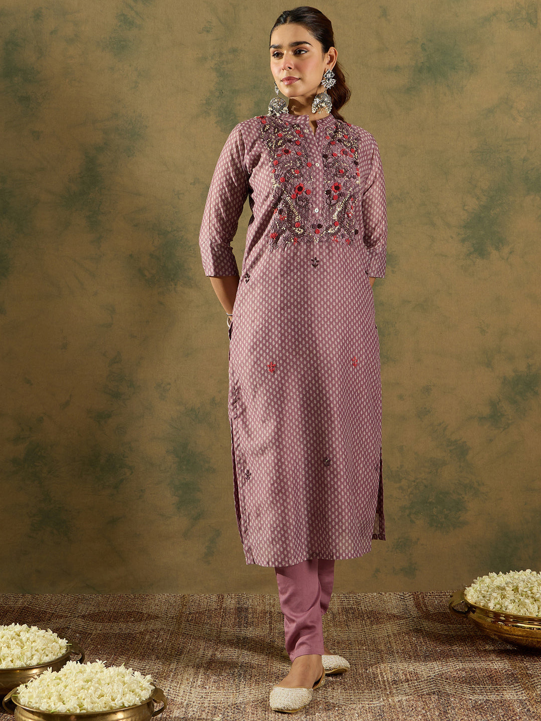 Indo Era Burgundy Printed Straight Kurta Trousers With Dupatta Set