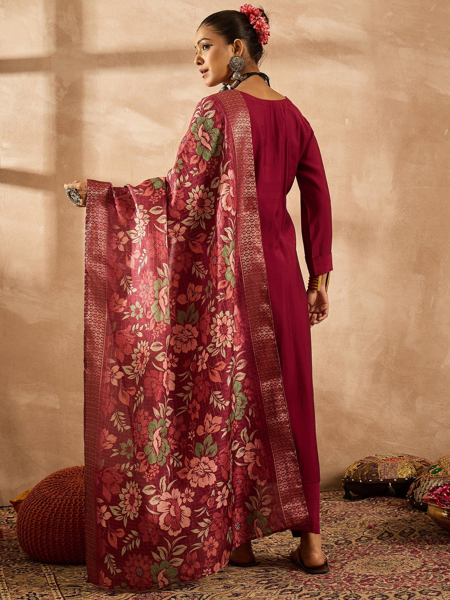 Maroon Embroidered Straight Kurta Trousers With Dupatta Set