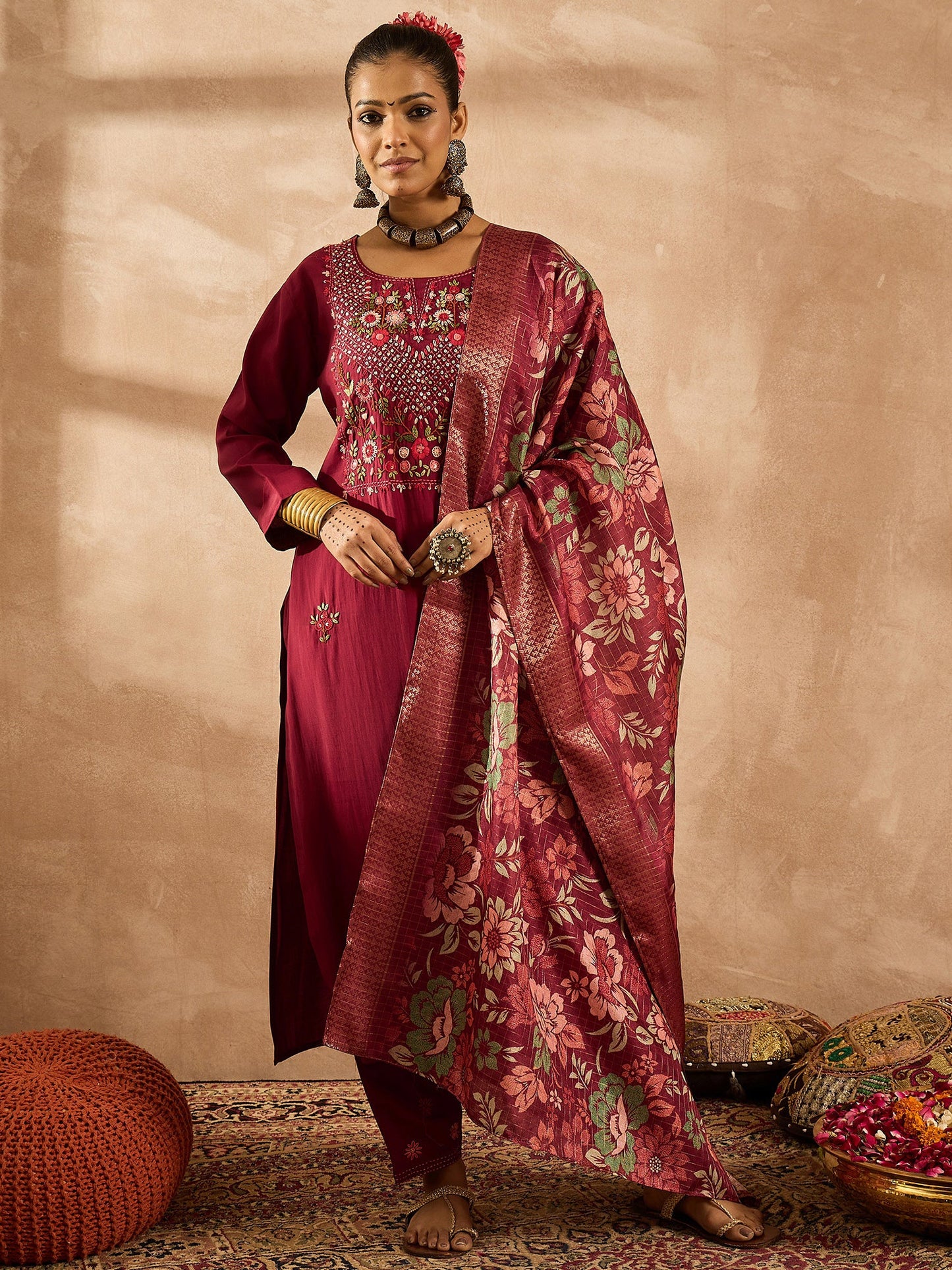 Maroon Embroidered Straight Kurta Trousers With Dupatta Set