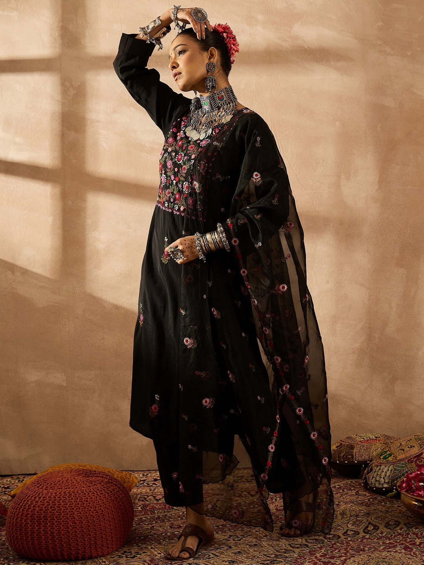 Black Embroidered Straight Kurta Trousers With Dupatta Set