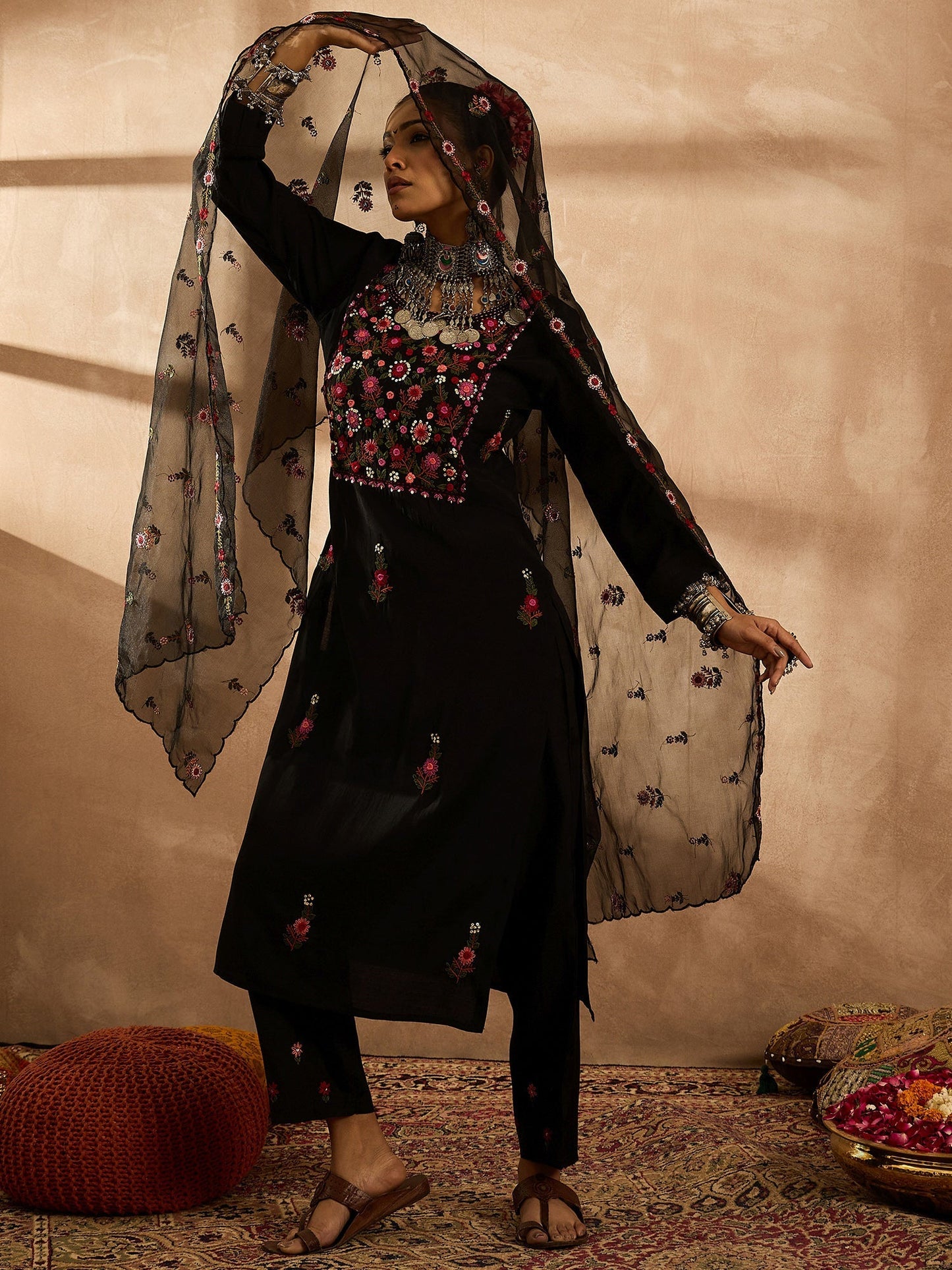 Black Embroidered Straight Kurta Trousers With Dupatta Set