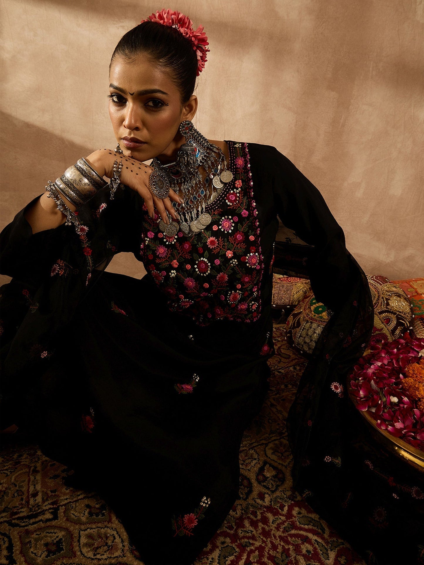 Black Embroidered Straight Kurta Trousers With Dupatta Set