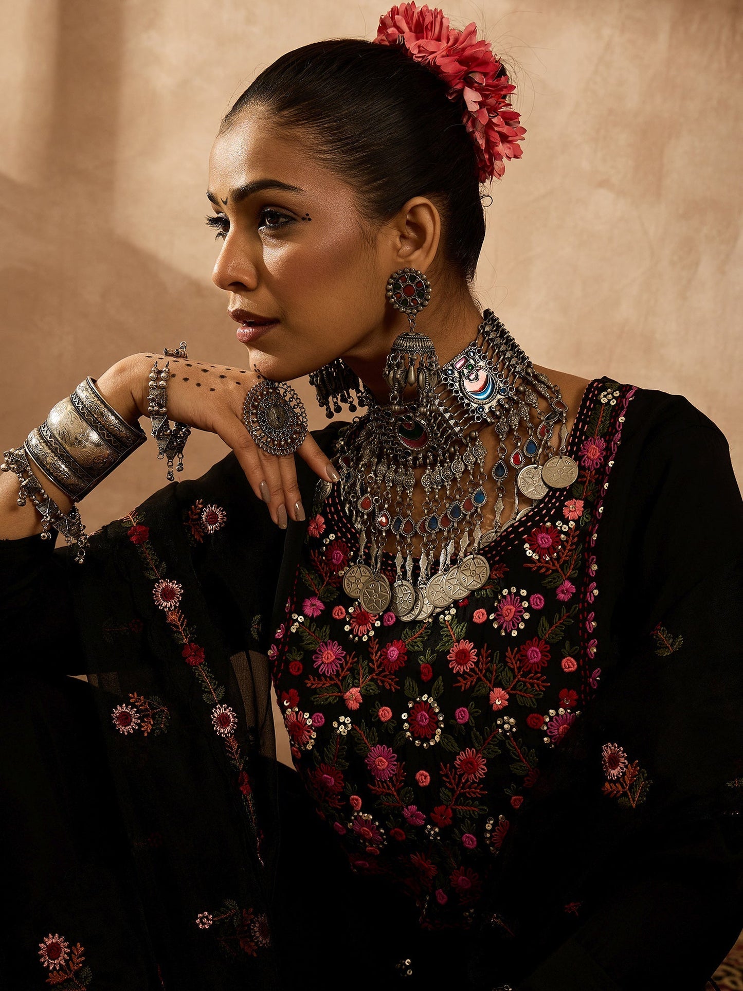 Black Embroidered Straight Kurta Trousers With Dupatta Set