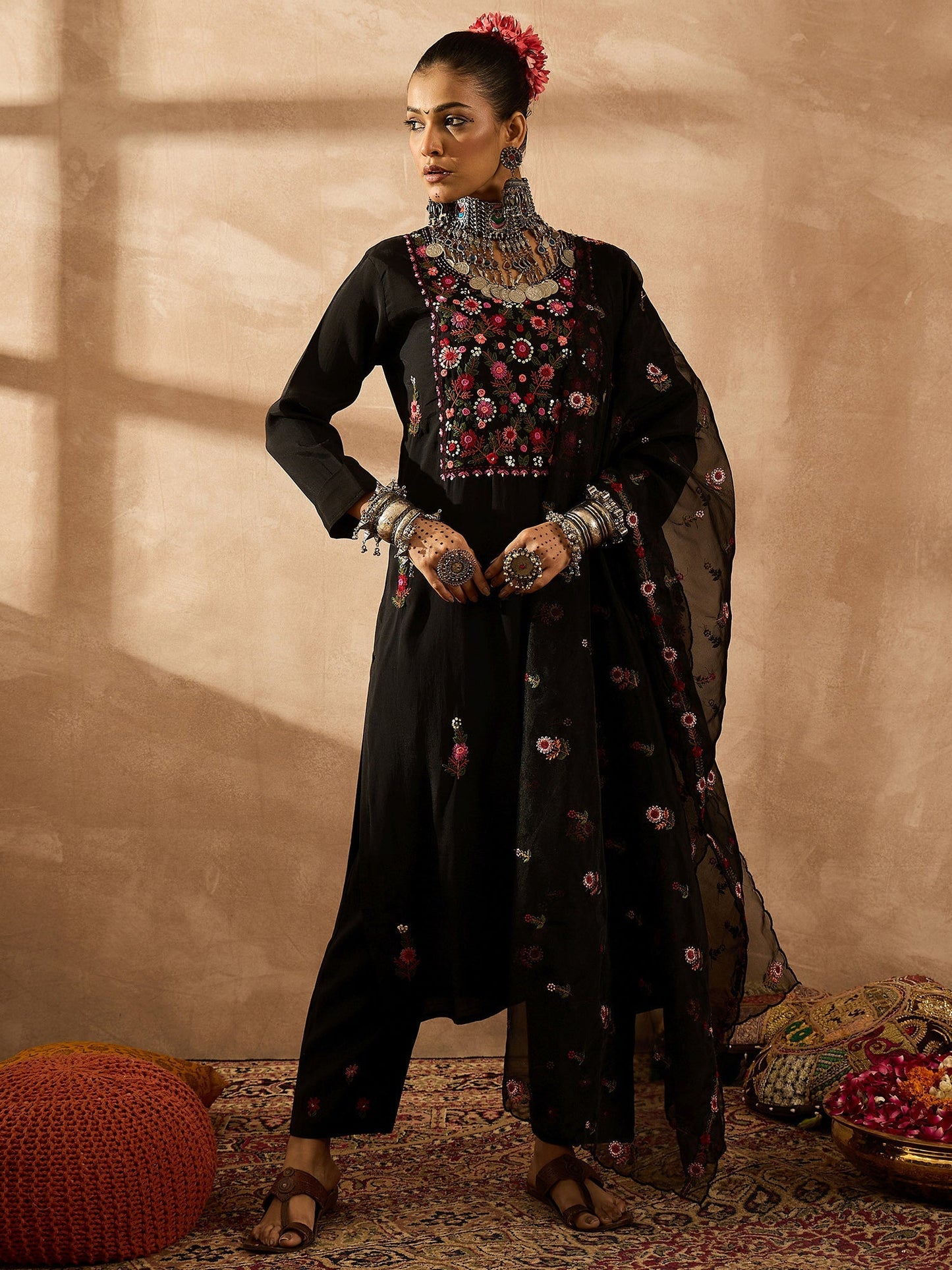 Black Embroidered Straight Kurta Trousers With Dupatta Set