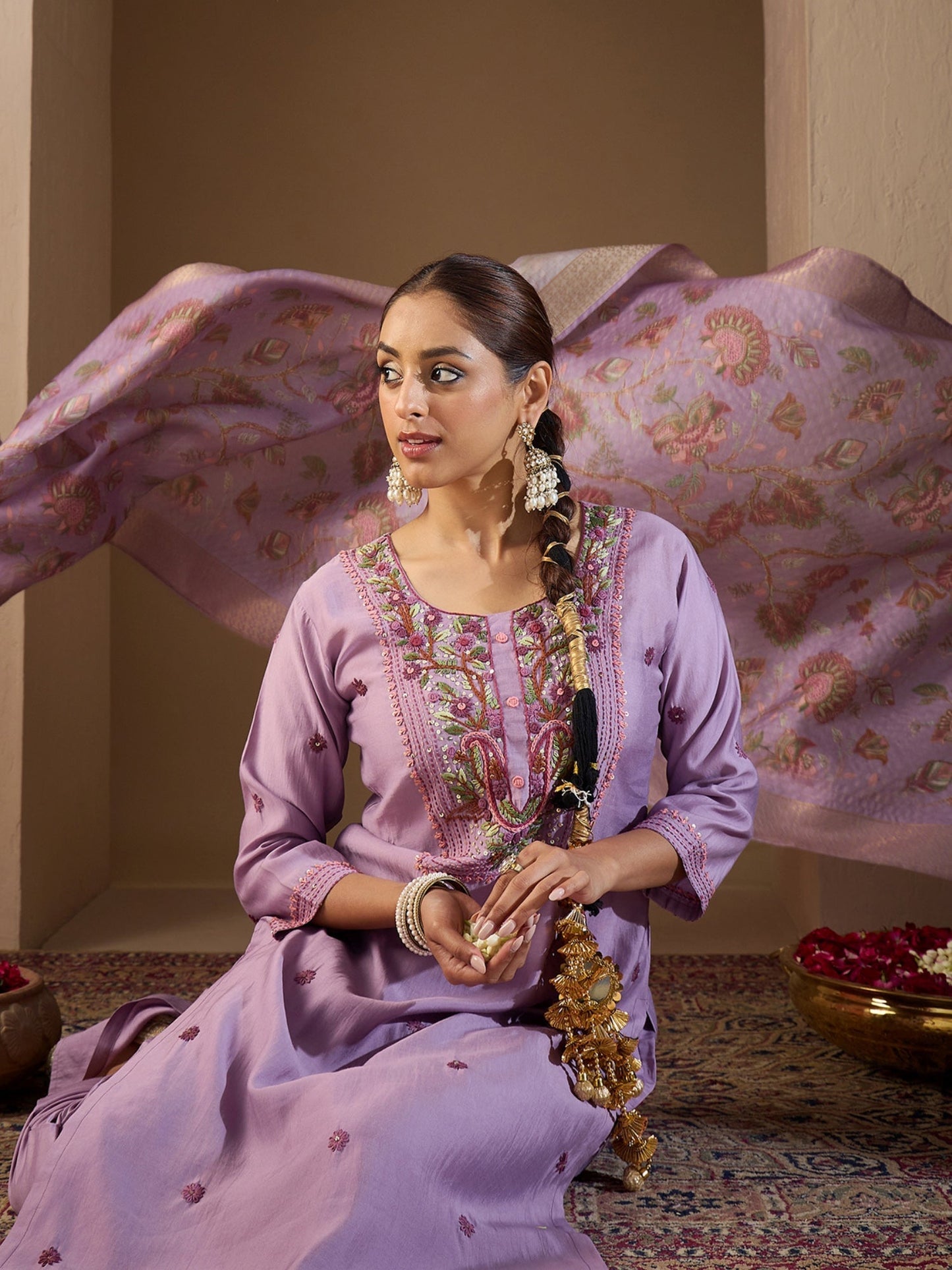 Lavender Embroidered Straight Kurta Trousers With Dupatta Set