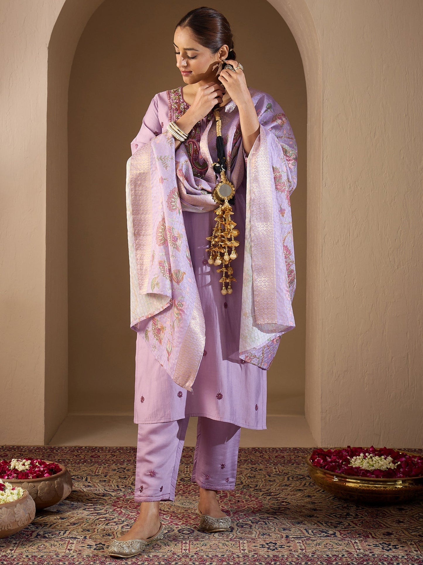 Lavender Embroidered Straight Kurta Trousers With Dupatta Set