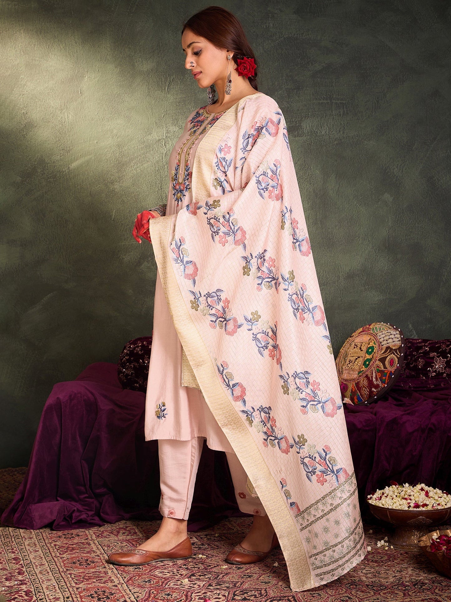 Mauve Embroidered Straight Kurta Trousers With Dupatta Set