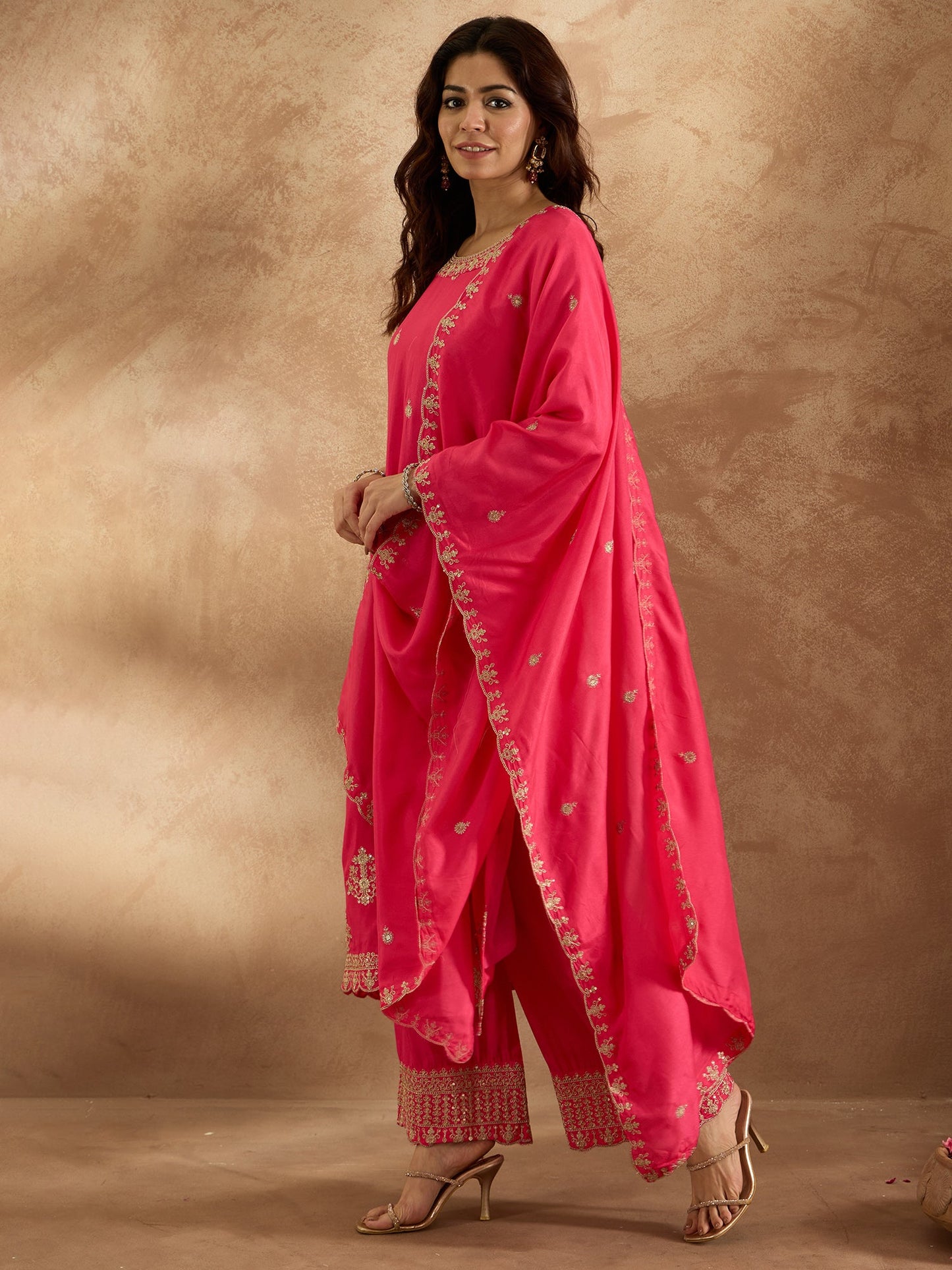 Magenta Embroidered Straight Kurta Trousers With Dupatta Set