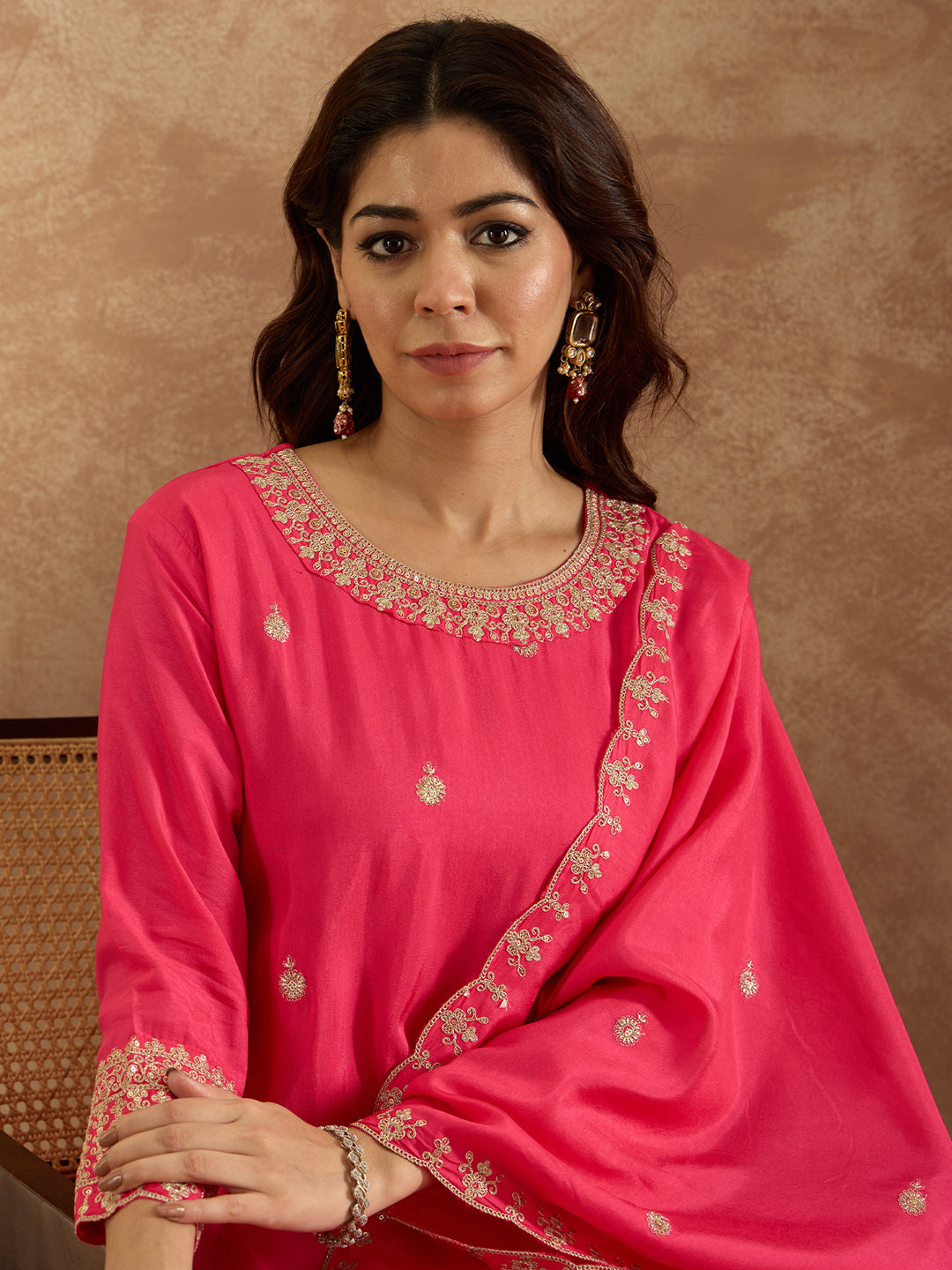 Magenta Embroidered Straight Kurta Trousers With Dupatta Set