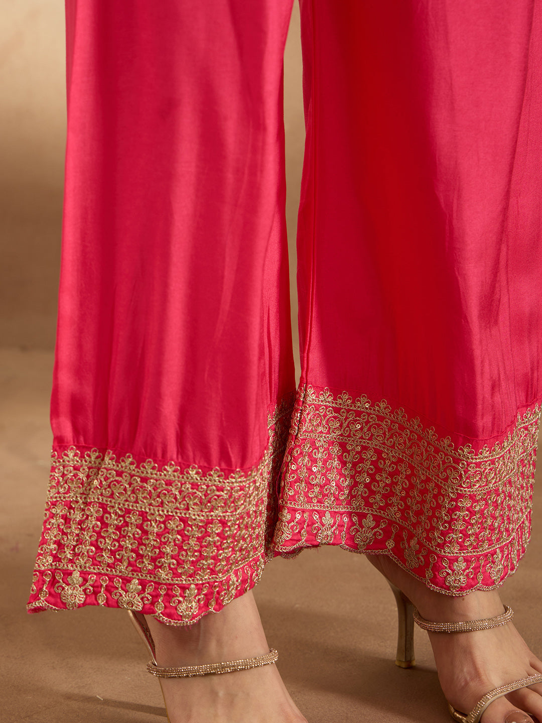 Magenta Embroidered Straight Kurta Trousers With Dupatta Set