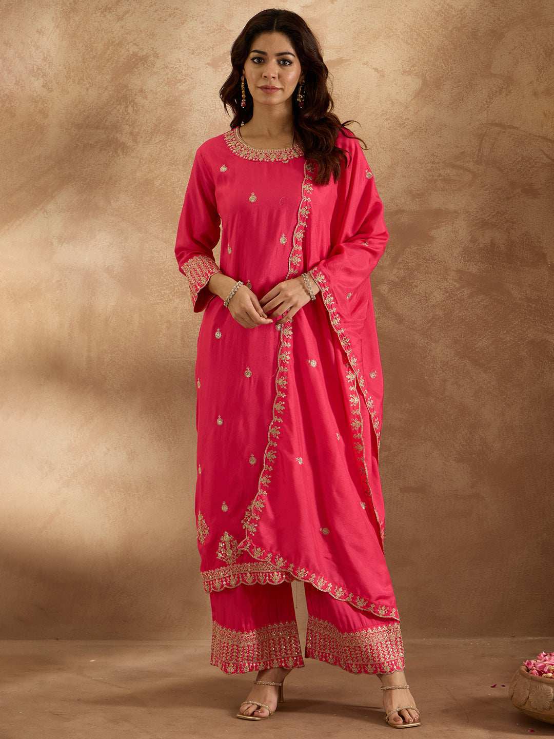 Magenta Embroidered Straight Kurta Trousers With Dupatta Set