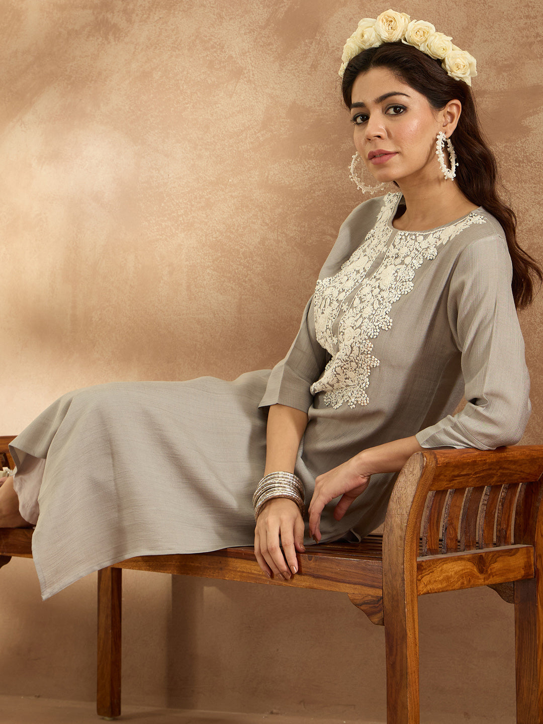 Indo Era Grey Embroidered Straight Kurta Trousers Set