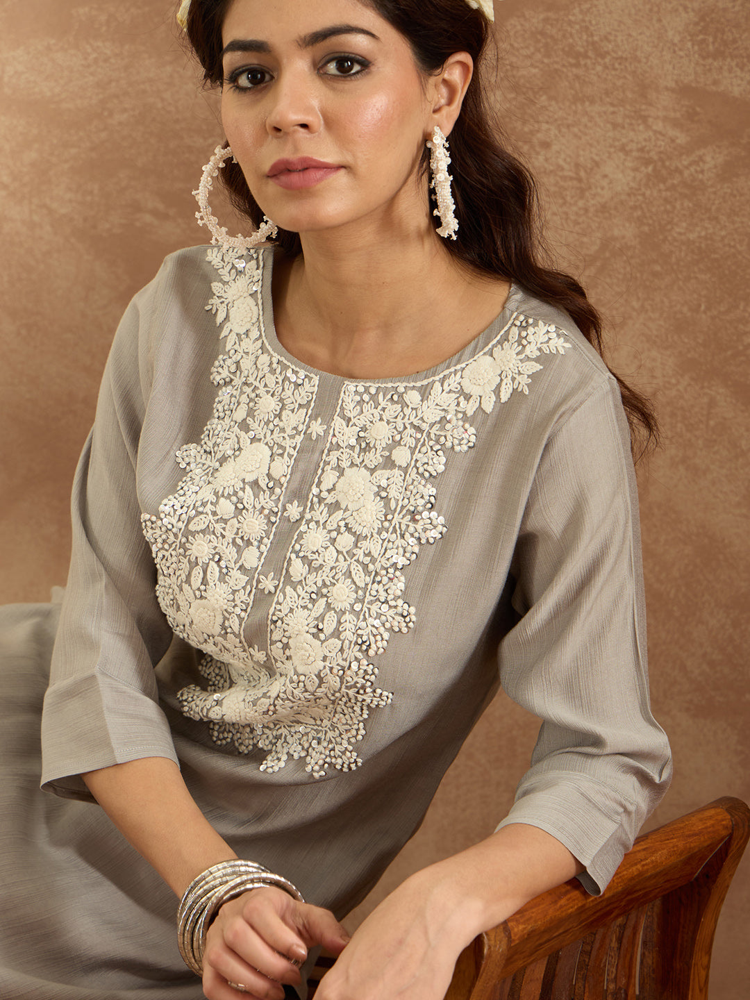 Indo Era Grey Embroidered Straight Kurta Trousers Set