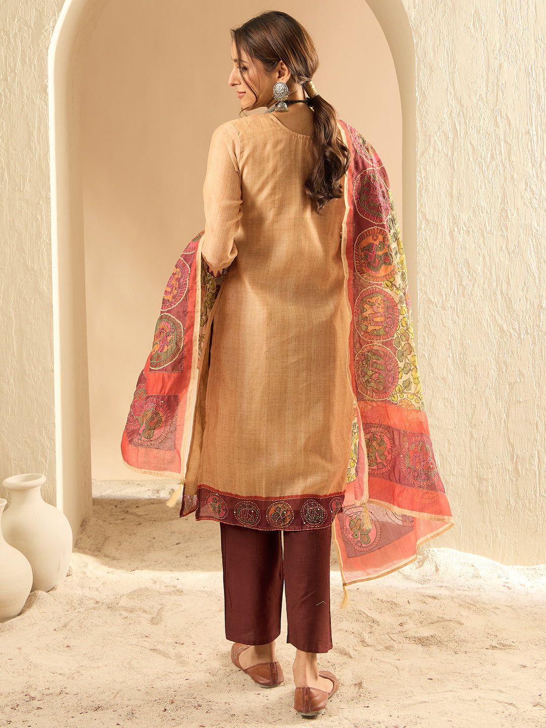 Indo Era Beige Embroidered Straight Kurta Trousers With Dupatta Set