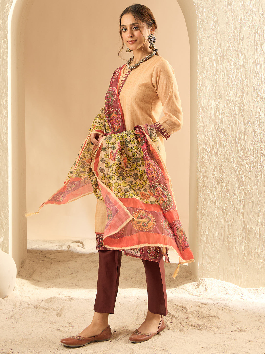 Indo Era Beige Embroidered Straight Kurta Trousers With Dupatta Set