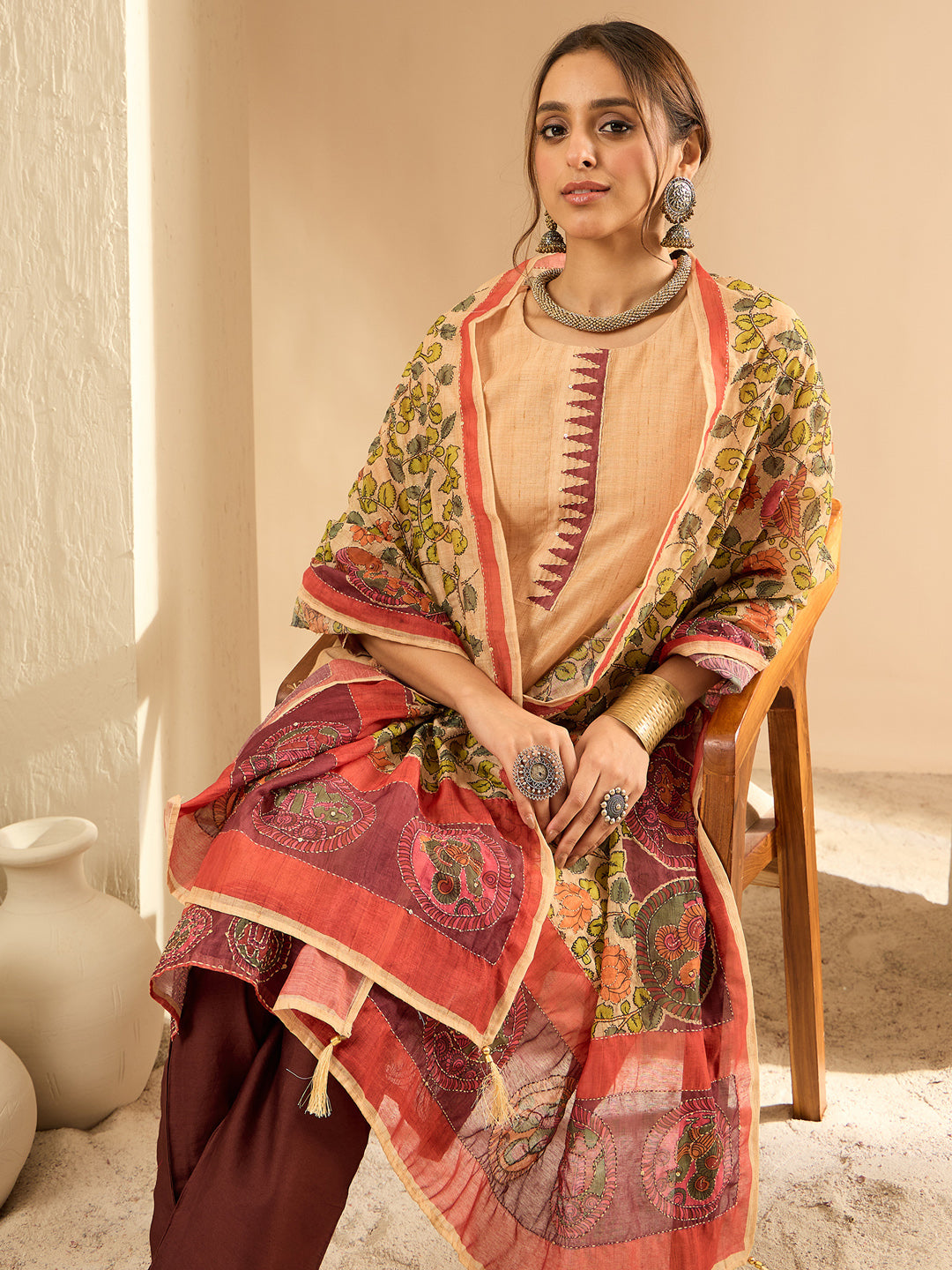 Indo Era Beige Embroidered Straight Kurta Trousers With Dupatta Set