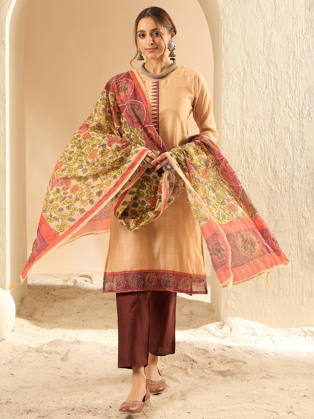 Indo Era Beige Embroidered Straight Kurta Trousers With Dupatta Set