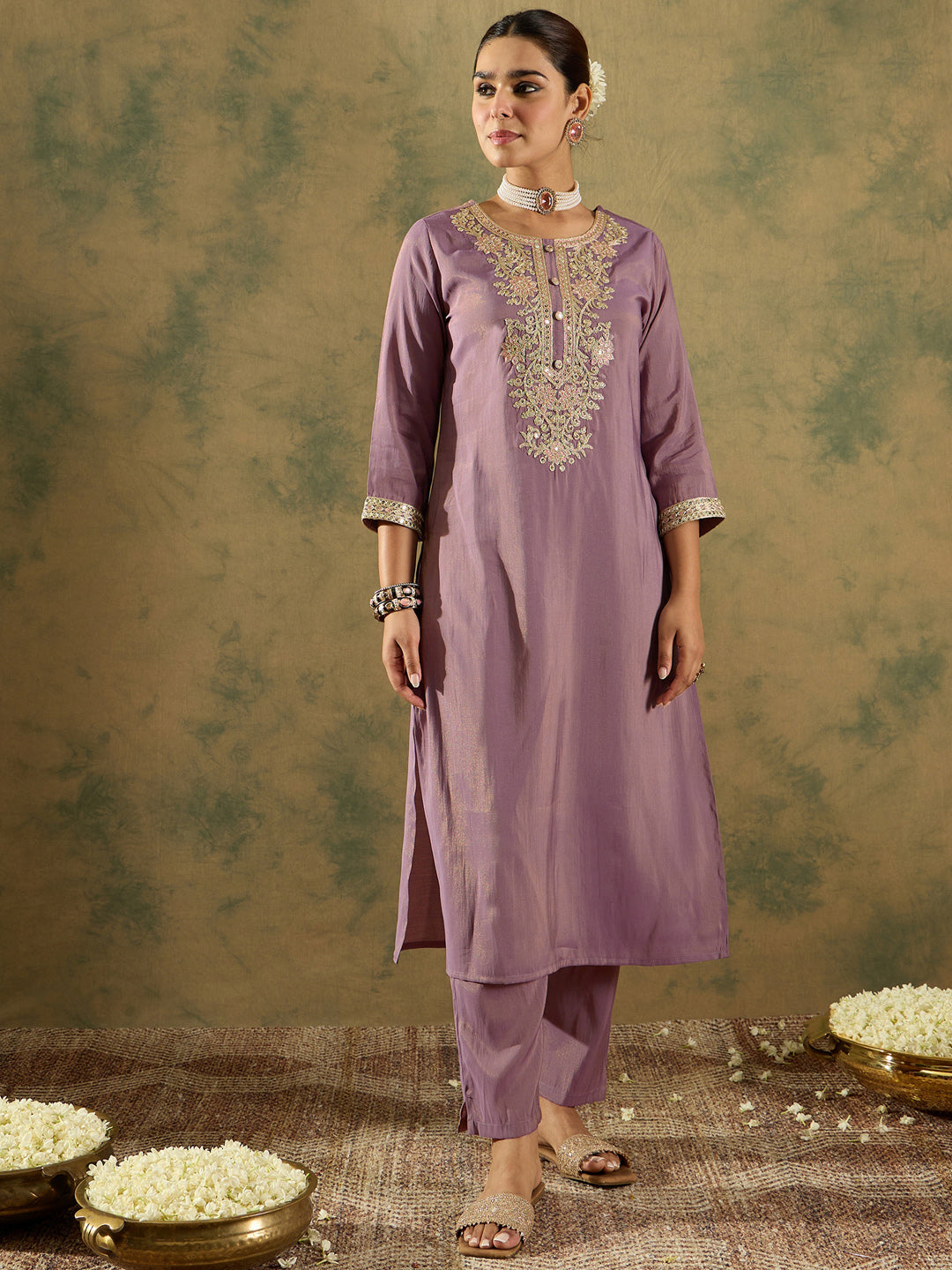 Indo Era Lavender Embroidered Straight Kurta Trousers With Dupatta Set