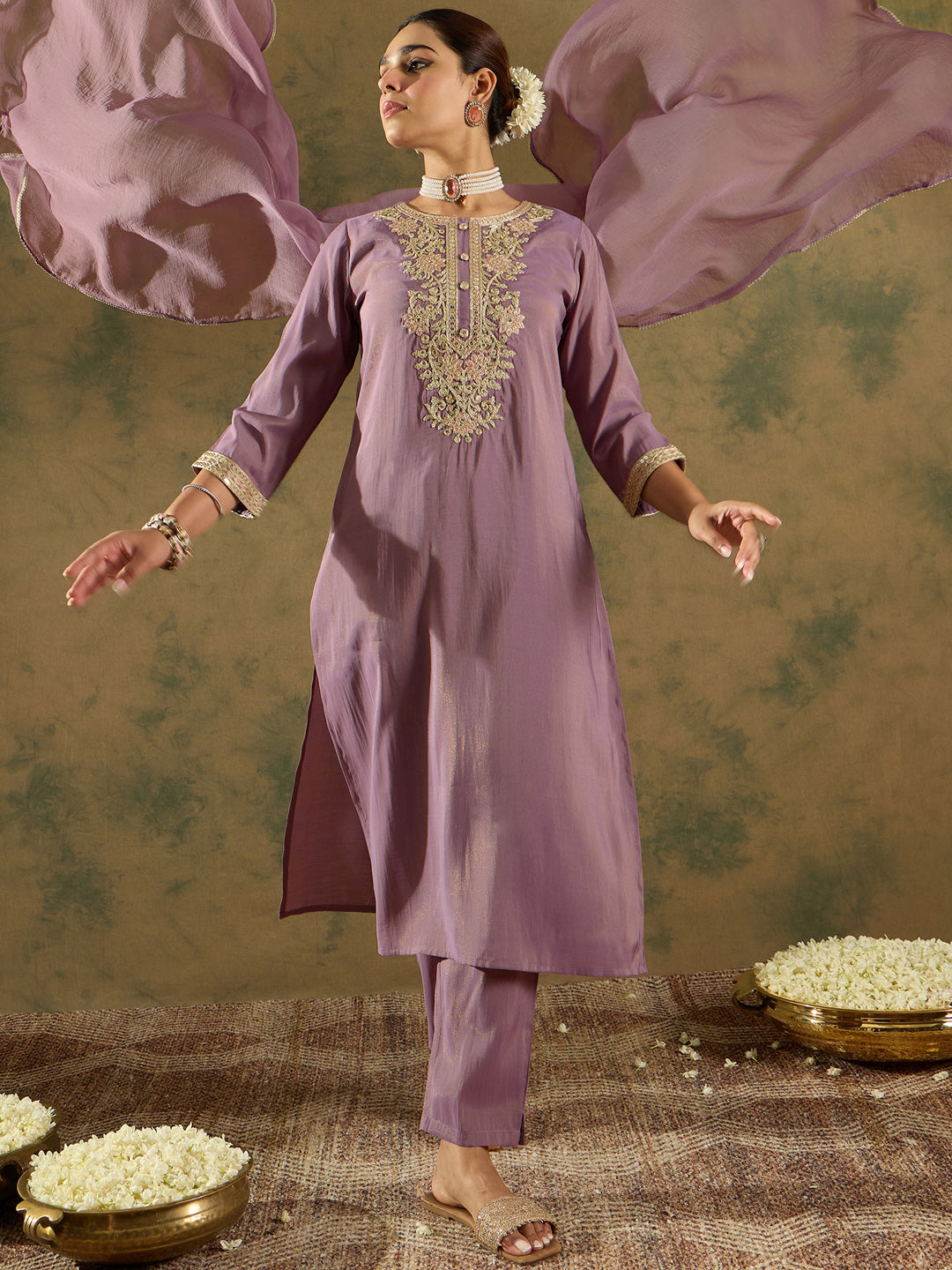 Indo Era Lavender Embroidered Straight Kurta Trousers With Dupatta Set