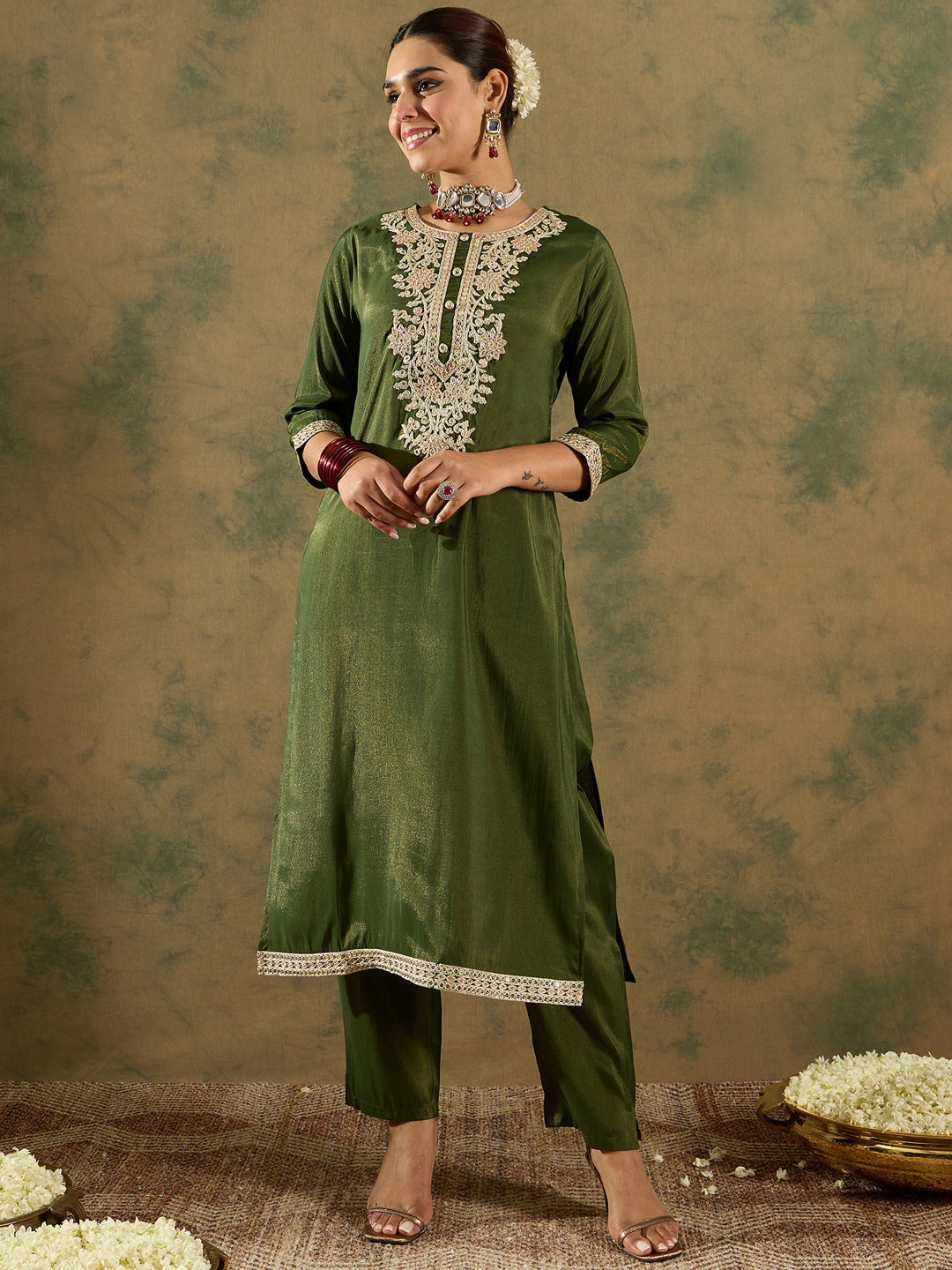 Indo Era Green Embroidered Straight Kurta Trousers With Dupatta Set