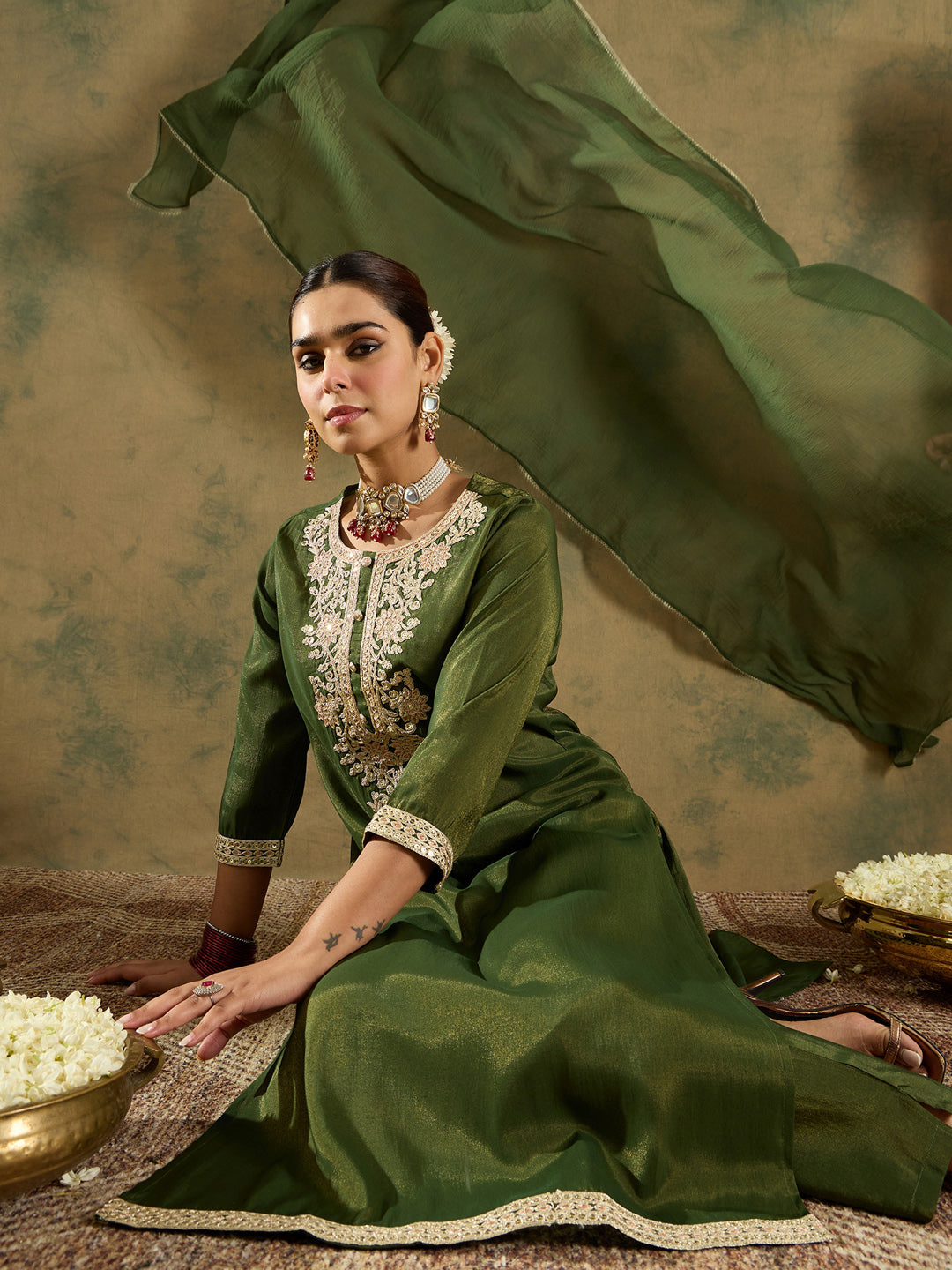 Indo Era Green Embroidered Straight Kurta Trousers With Dupatta Set