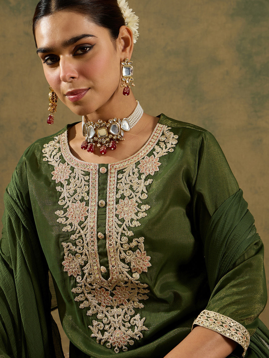 Indo Era Green Embroidered Straight Kurta Trousers With Dupatta Set