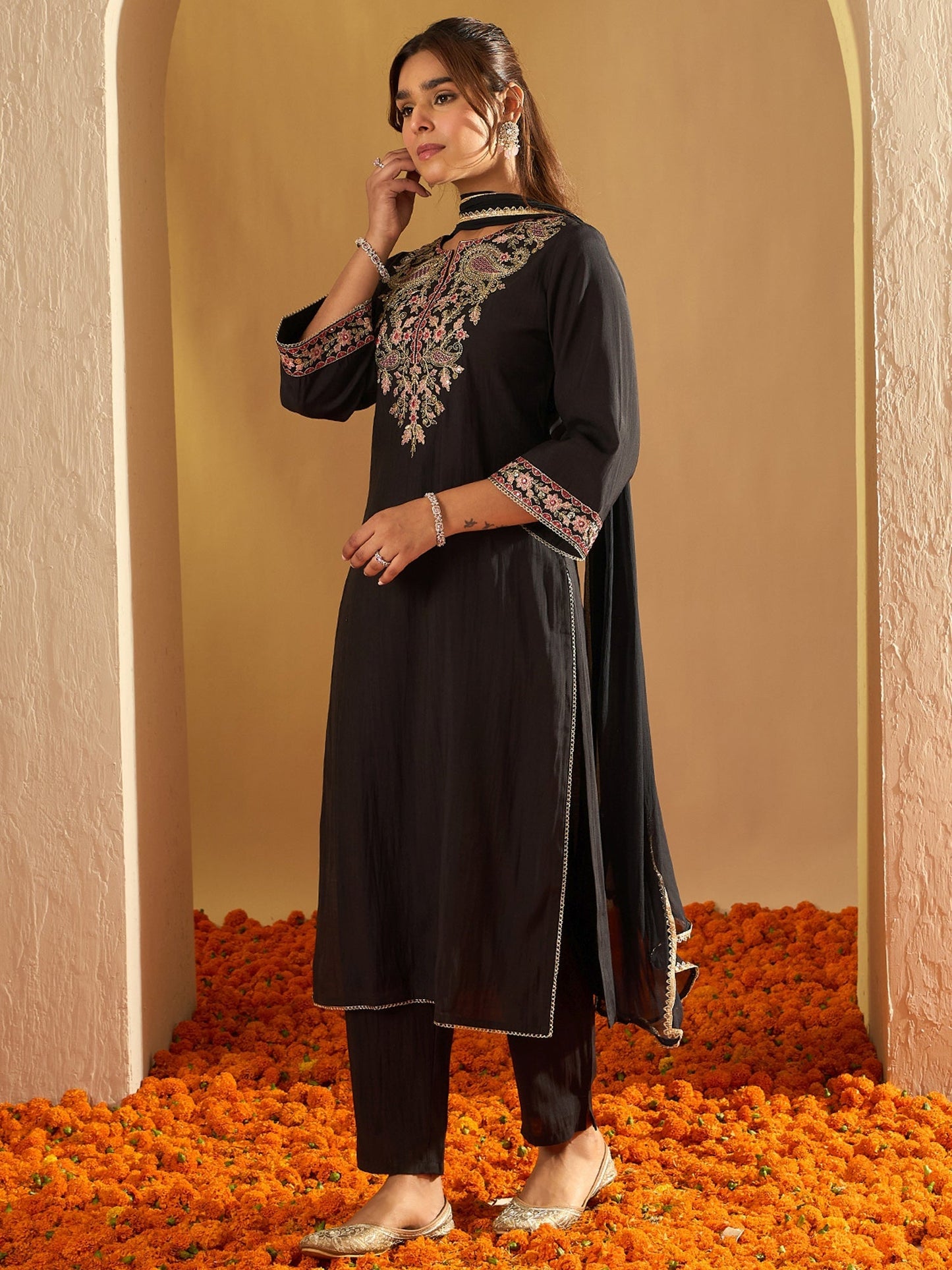 Indo Era Black Embroidered Straight Kurta Trousers With Dupatta Set