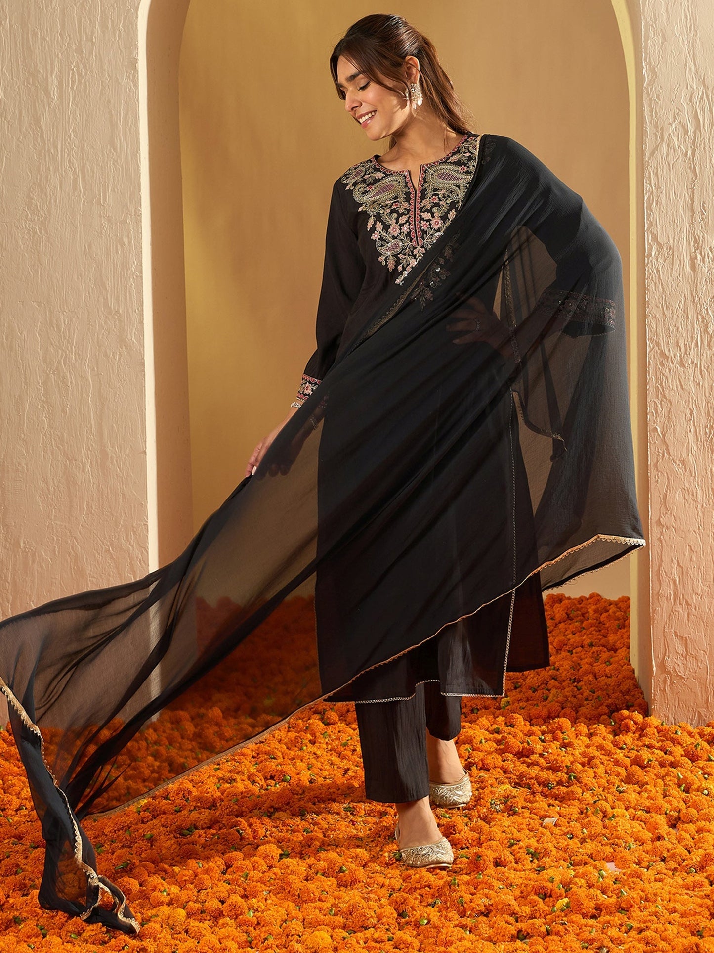 Indo Era Black Embroidered Straight Kurta Trousers With Dupatta Set