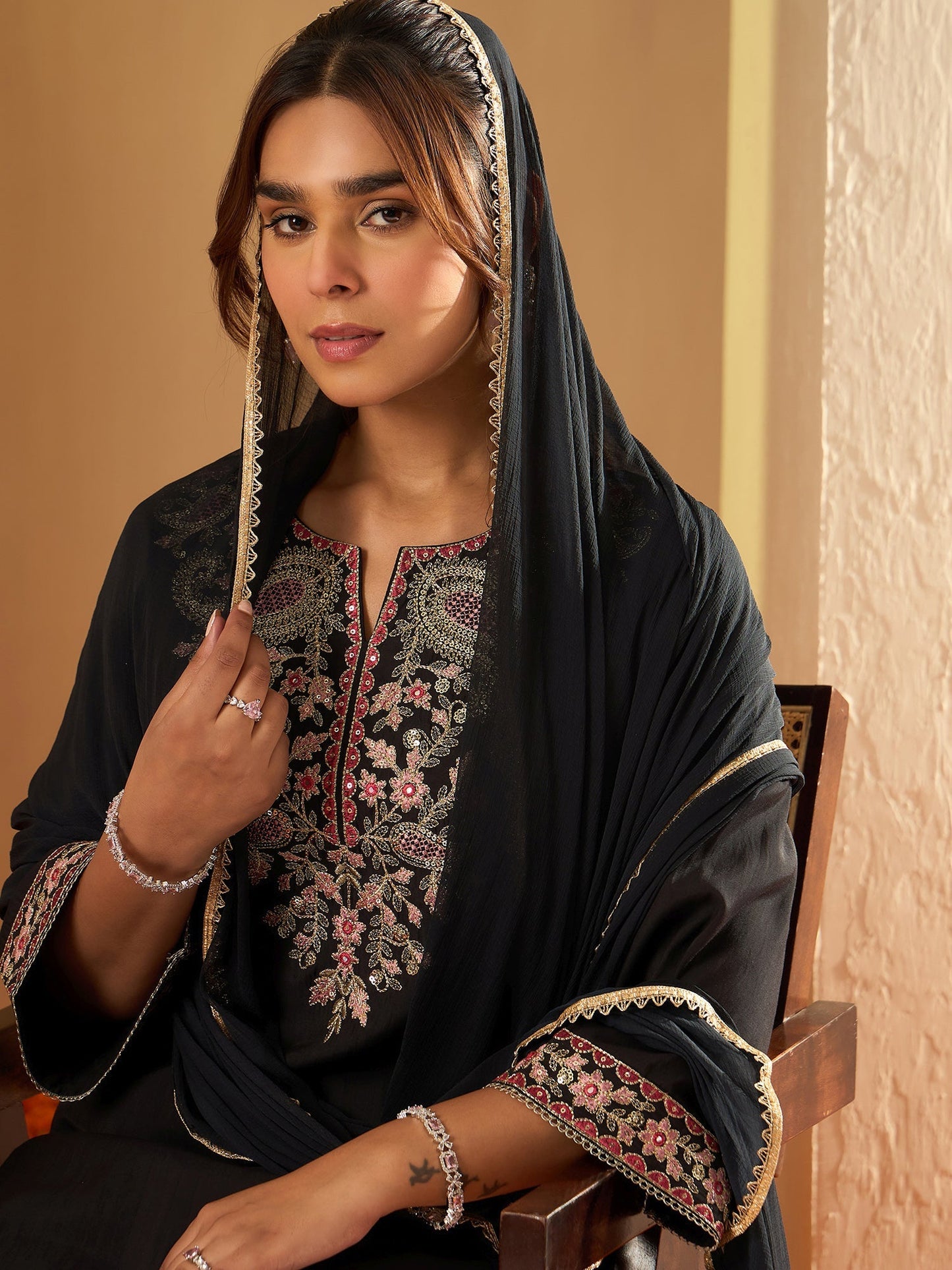 Indo Era Black Embroidered Straight Kurta Trousers With Dupatta Set