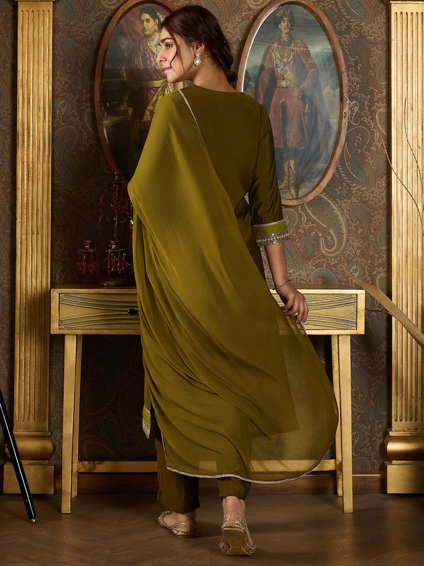 Indo Era Green Embroidered Straight Kurta Trousers With Dupatta set