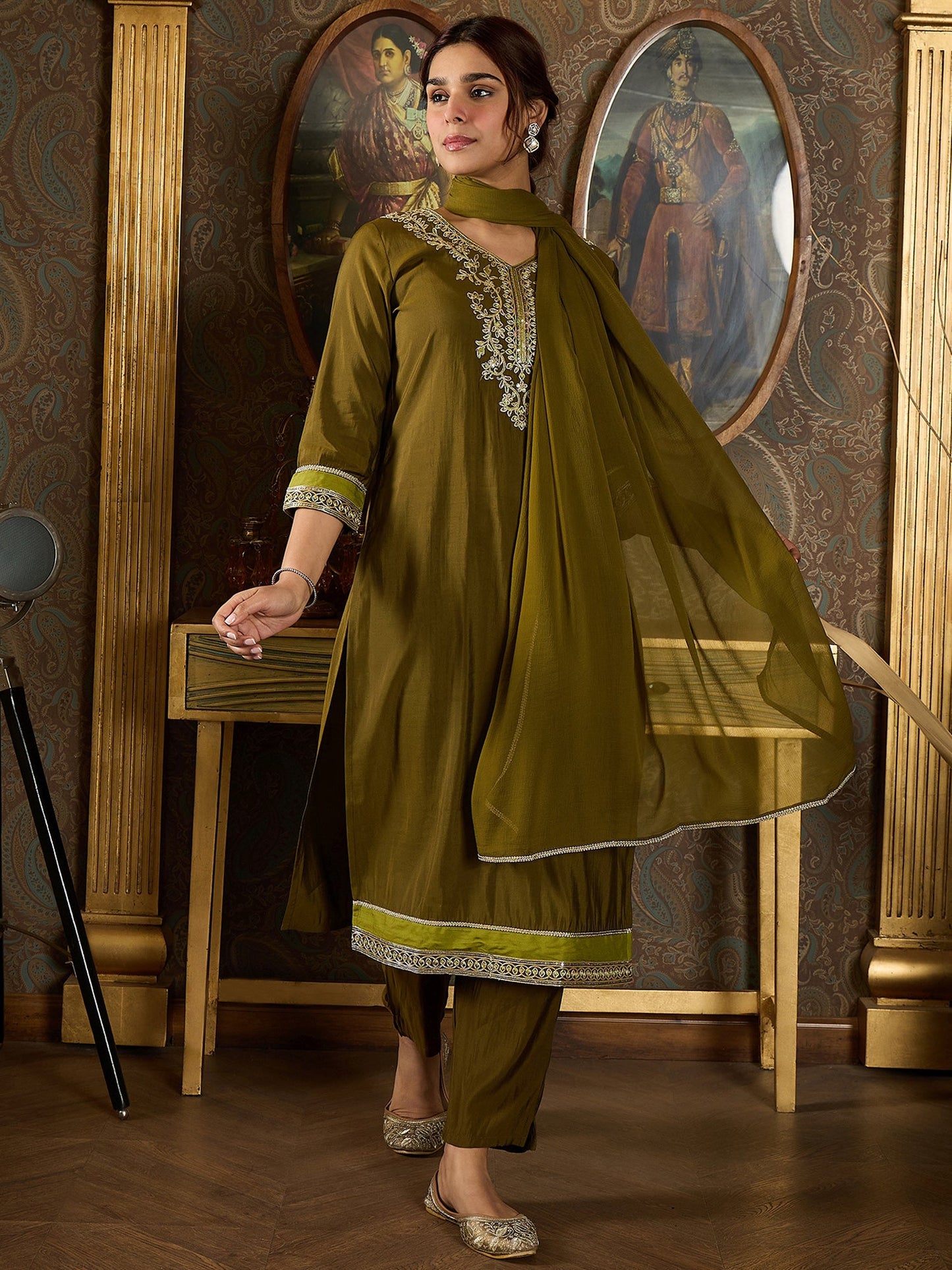 Indo Era Green Embroidered Straight Kurta Trousers With Dupatta set