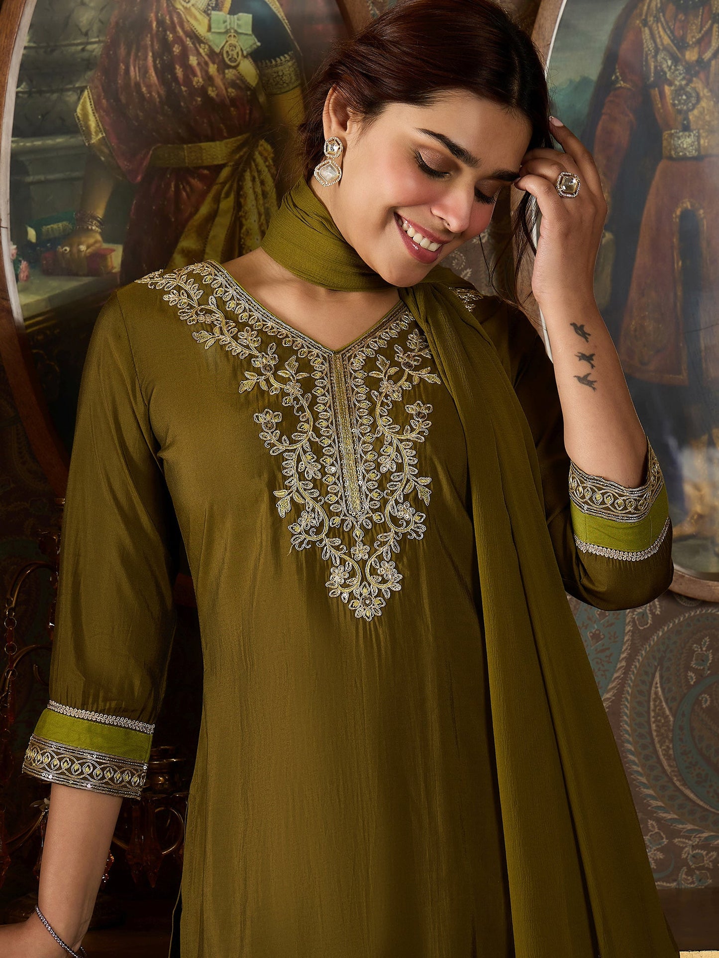 Indo Era Green Embroidered Straight Kurta Trousers With Dupatta set