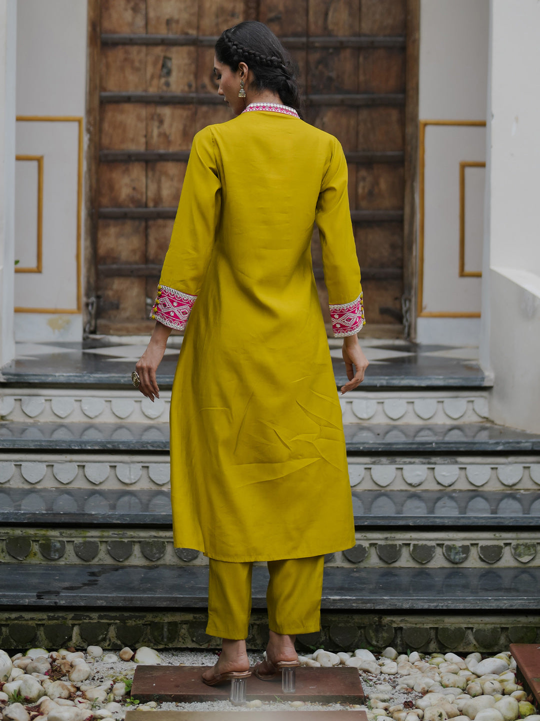 Indo Era Green Embroidered A-Line Kurta Trousers set