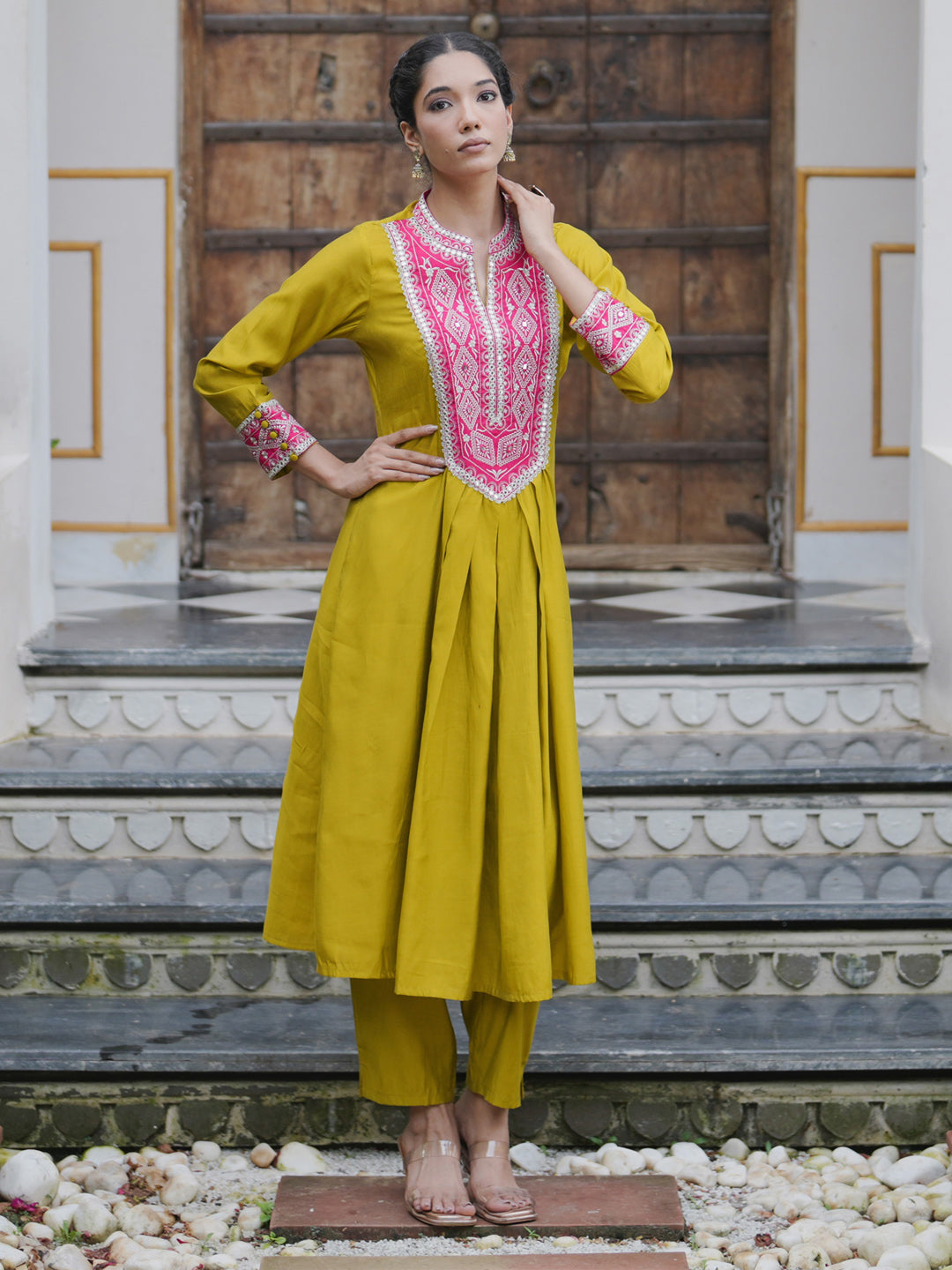 Indo Era Green Embroidered A-Line Kurta Trousers set
