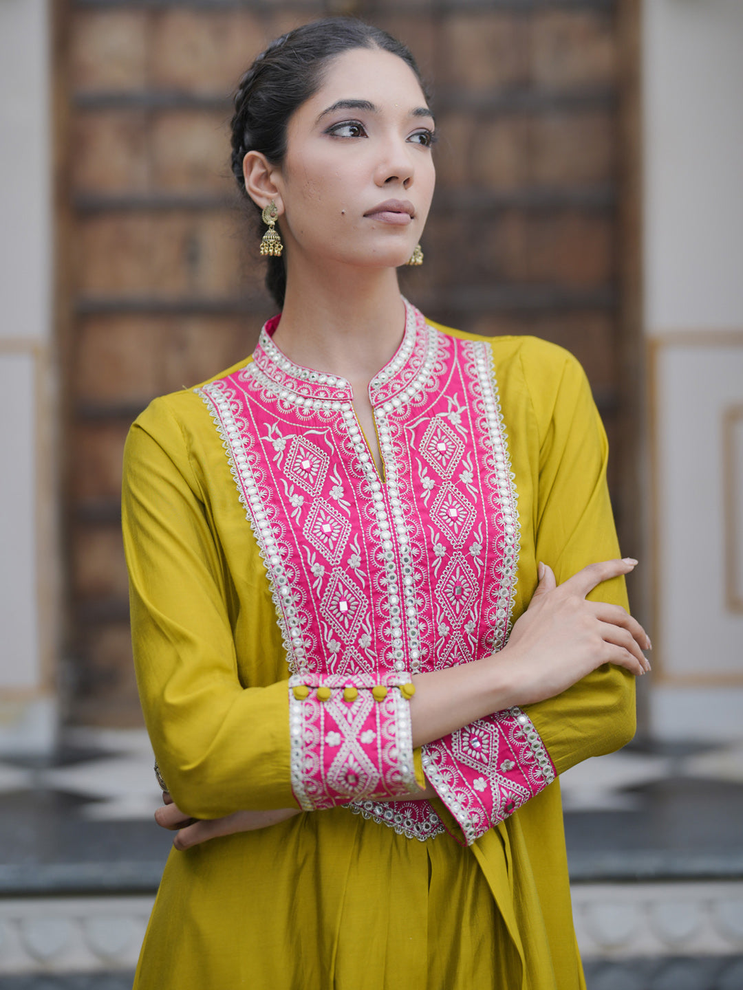 Indo Era Green Embroidered A-Line Kurta Trousers set