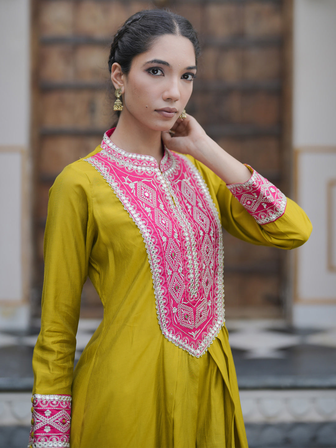 Indo Era Green Embroidered A-Line Kurta Trousers set