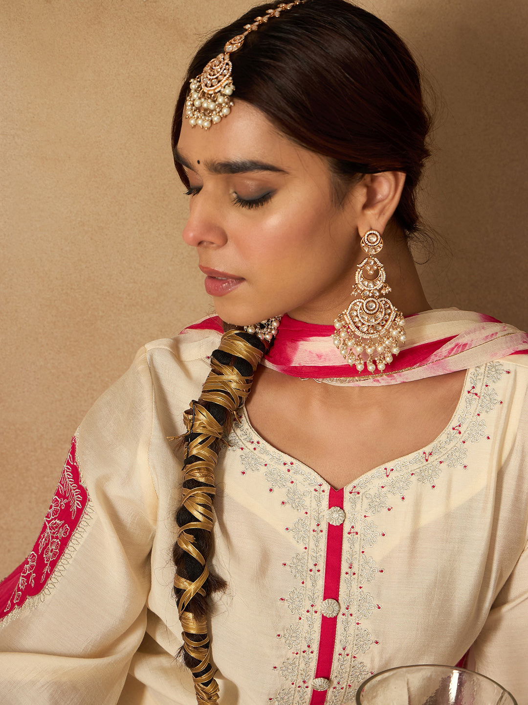 Indo Era Cream Embroidered Straight Kurta Trousers With Dupatta Set
